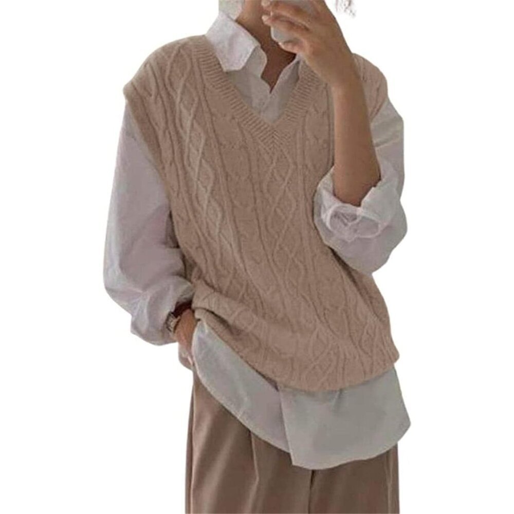 Women's Oversized Knit Sweater Vest Cable V Neck Sleeveless Loose Top
